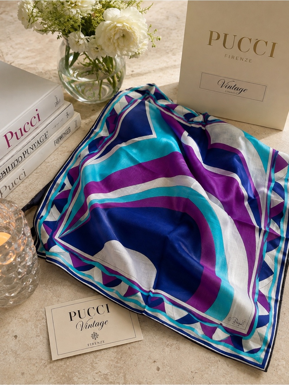 Emilio Pucci VINTAGE Silk Scarf in Blue, Turquoise & Purple Geometric Print